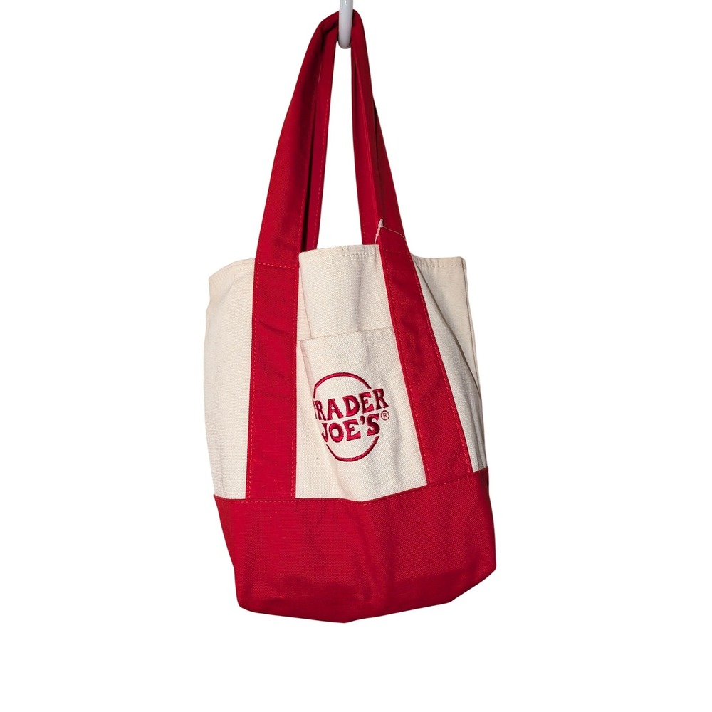 Trader Joe's Mini Canvas Tote Bag Red Cream Reusable Grocery Handbag Pocket Logo